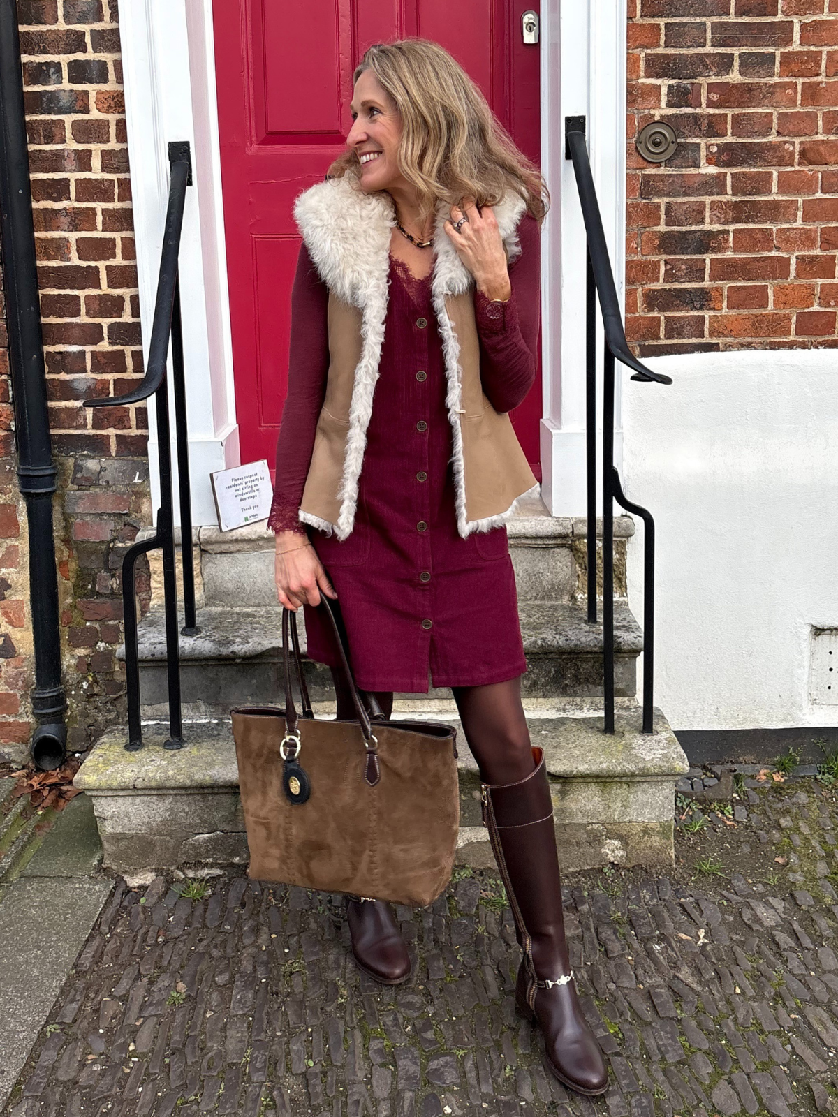 Sandie - Cord Pinafore Dress - Burgundy