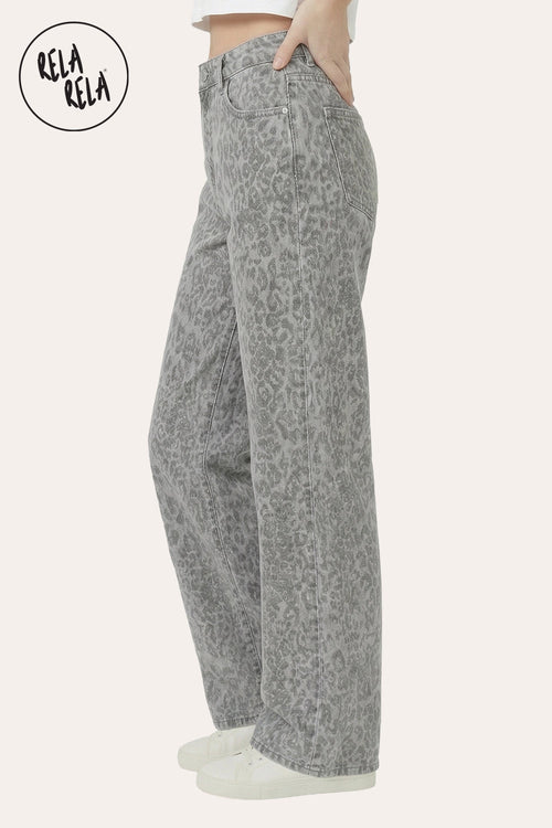 Grey Leopard Print Viral Stretchy Wide Leg Jeans