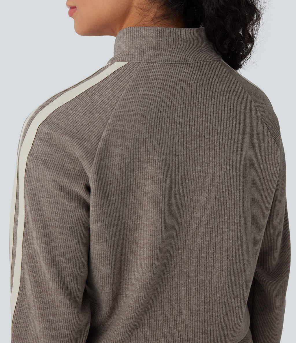 Ribbed Stand Collar Long Sleeve Zipper Color Block Casual Jacket with Pockets