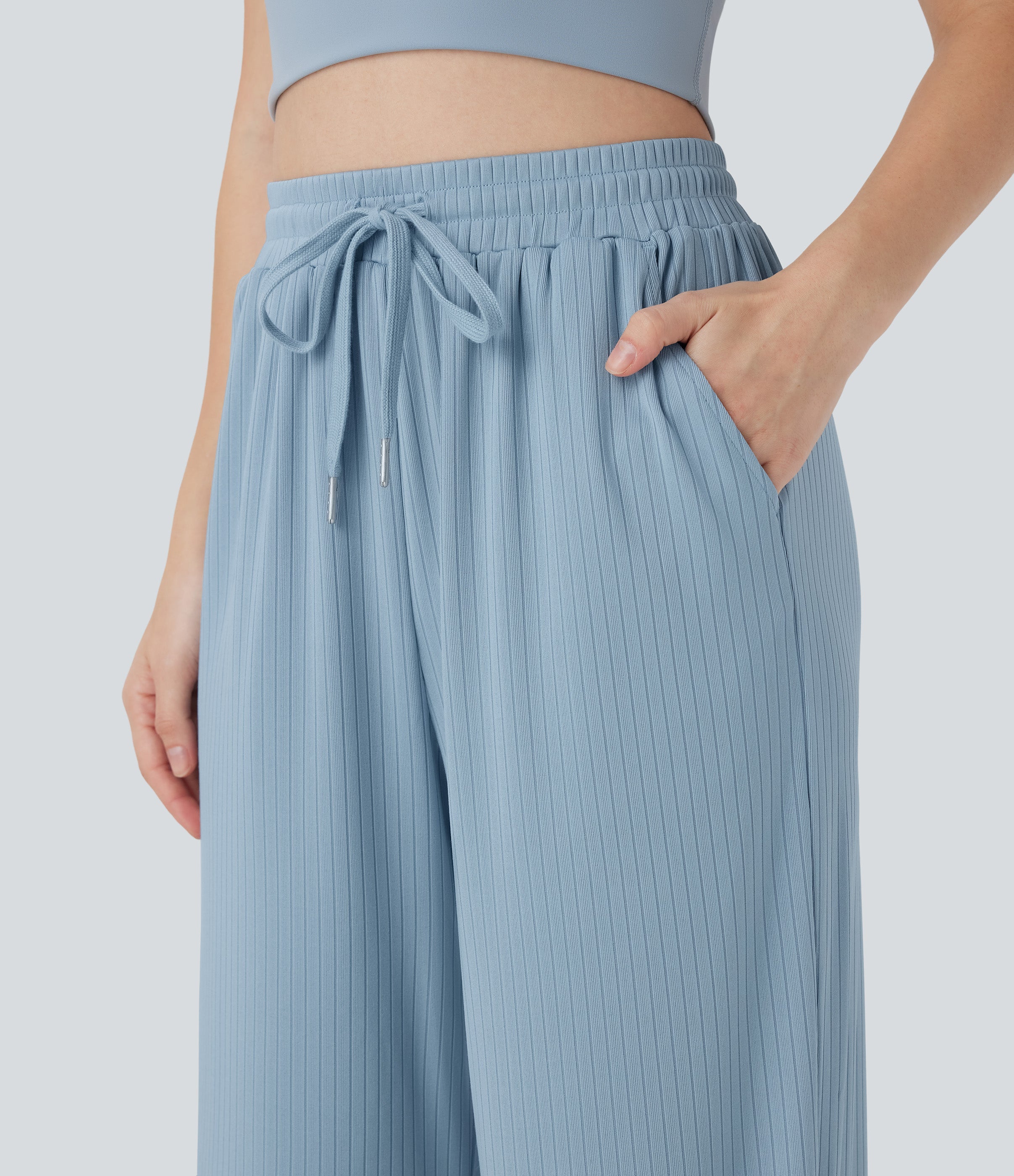 Ribbed Knit High Waisted Drawstring Straight Leg Casual Pants with Pockets