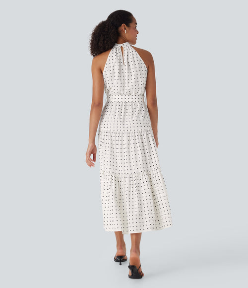 Halter Keyhole Back Belted Polka Dot Flowy Midi Dress with Pockets