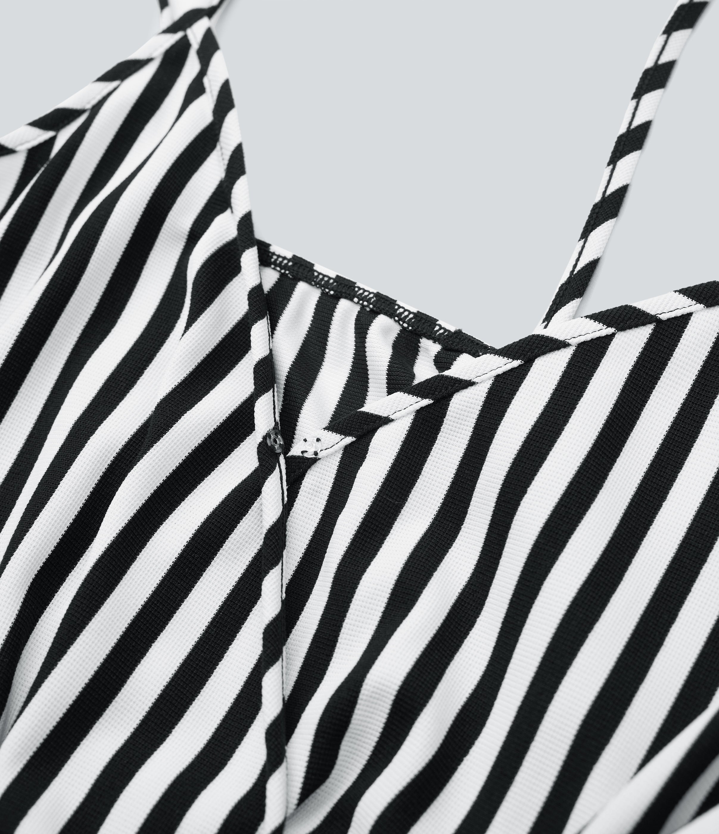 V-neck Snap Belted Stripe Waffle Jumpsuit with Pockets