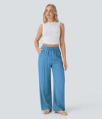 2026🔥 High Waisted Drawstring Pocket Wide Leg Casual Linen-Feel Pants