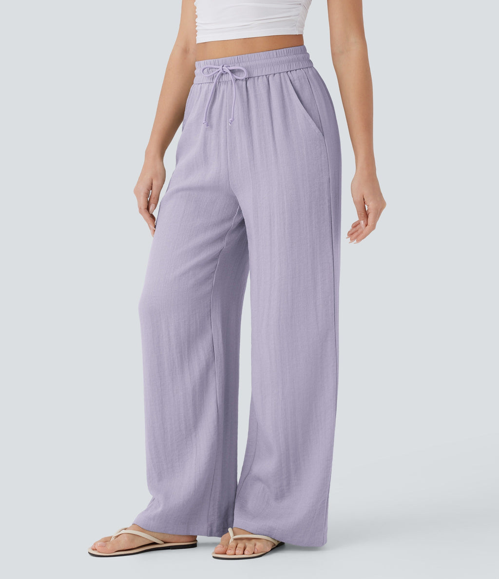 2026🔥 High Waisted Drawstring Pocket Wide Leg Casual Linen-Feel Pants