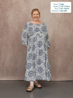 Marisol Round Neck Shirred Dress - Ecru & Blue Sun Print